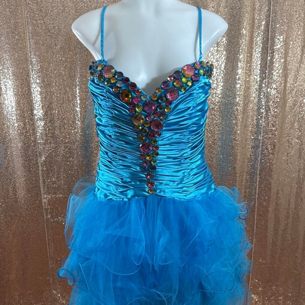 Blue Sequin Beaded Ruffled Tulle Party Dress/Size XL NWT